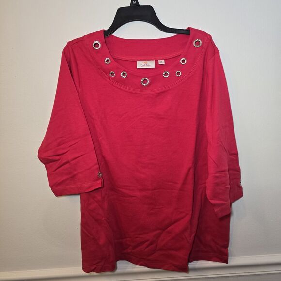 Quacker Factory Red Rhinestone Blouse Grommets Top Sz 1X Red 3/4 Sleeve Cotton - Picture 1 of 6
